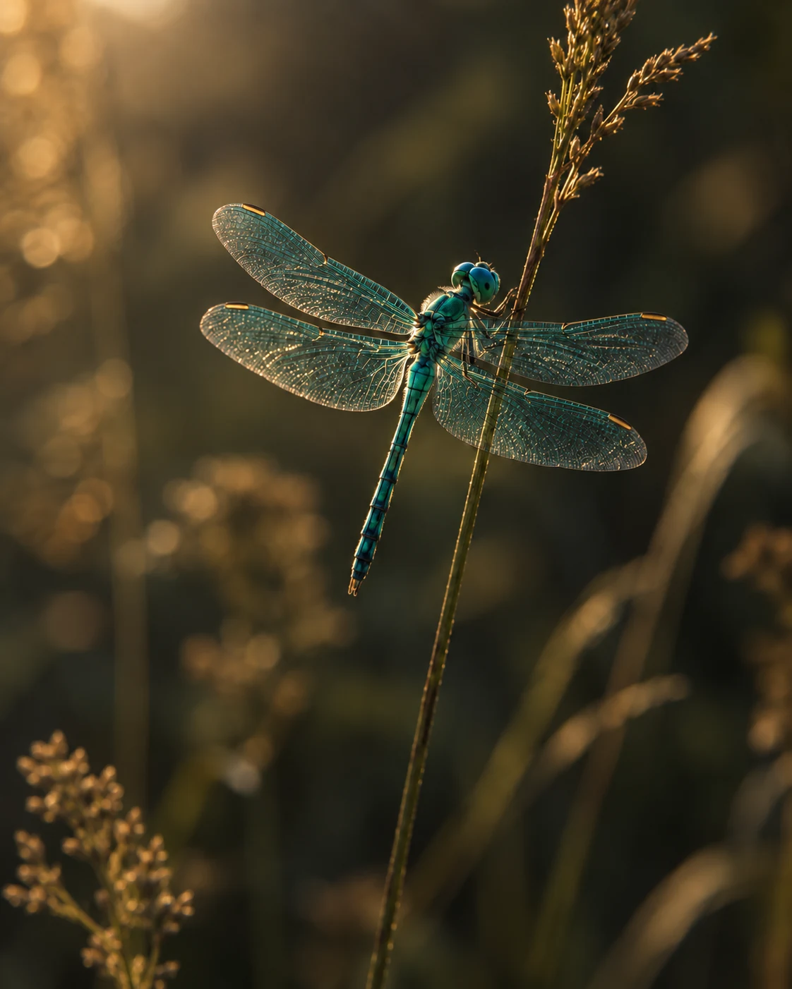 A teal dragonfly resting on a botanical stem in warm golden light